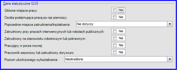 Zatrudniony na stanowisku robotniczym lub pokrewnym. Wybór: tak, nie Pracujący w porze nocnej. Wybór: tak, nie. Pracownik sezonowy lub zatrudniony dorywczo. Wybór: tak, nie. Poziom ukończonego wykształcenia.