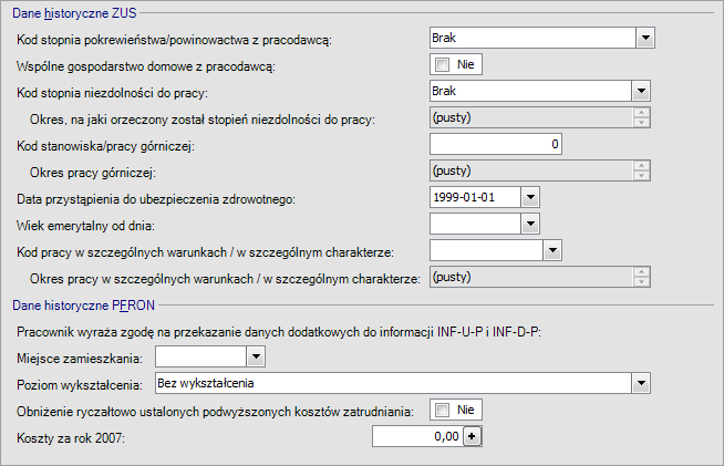 Dane historyczne PFRON (do końca 2008 roku): Pracownik wyraża zgodę na przekazanie danych dodatkowych do informacji INF-U-P i INF-D-P, Miejsce zamieszkania, Poziom wykształcenia, Obniżenie ryczałtowo