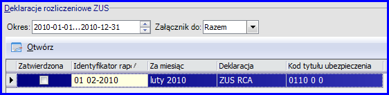 Deklaracje Rozliczeniowe ZUS Zakładka zawiera wygenerowane deklaracje RCA, RZA, RSA dla pracownika w określonym okresie. Rys.