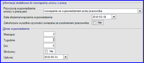 Okres wypowiedzenia. Umożliwia odnotowanie skróconego okresu wypowiedzenia. Zapisywany okres wypowiedzenia (liczba miesięcy lub tygodni) oraz data z którą upływa okres wypowiedzenia.