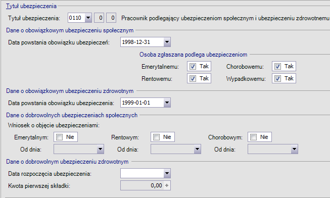 Rys. 46 Pracownik - dane ubezpieczeniowe Dane o obowiązkowym ubezpieczeniu społecznym. Data powstania obowiązku ubezpieczeń społecznych.