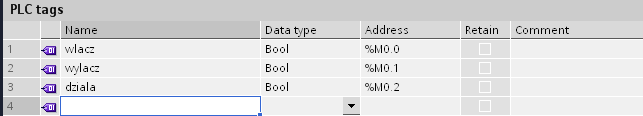 stworzony pierwszy tag. Typ zmiennej (Data type - Bool) oraz adres ( Address - %I0.0) będą przypisane automatycznie.