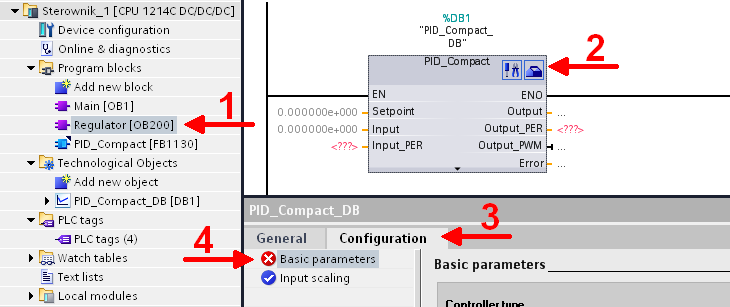 Mając utworzone zmienne można przystąpić do konfiguracji regulatora. Na początku należy ustawić w bloku funkcyjnym PID_compact potrzebne sygnały wejściowe i wyjściowe (Rys.2.37).