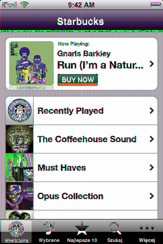 Listę wybranych lokali Starbucks znajdziesz na stronie www.apple.com/itunes/starbucks. Sprawdzanie, jaki utwór jest właśnie odtwarzany: Stuknij w Starbucks.