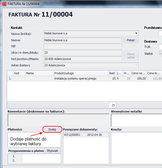 z widoku szczegółowego faktury kosztowej, po kliknięciu w przycisk Dodaj