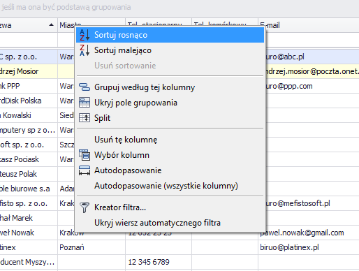 2.4.4. Grupowanie Tabele programu Mefisto SMB posiadają funkcjonalność grupowania po wybranych przez użytkownika kolumnach.