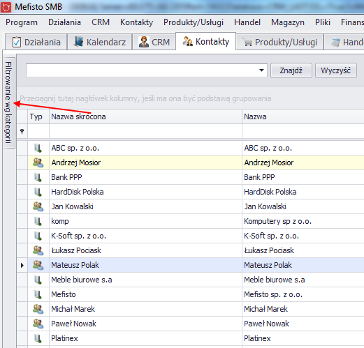 2.5. Drzewko filtrowania Zastosowanie drzewka filtrowania jest możliwe na widoku kontaktów i produktów.