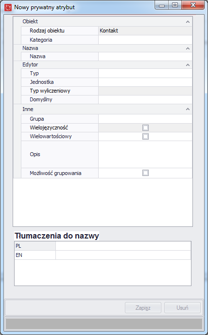 Aby dodać nowy atrybut należy kliknąc przycisk nowy w prawym górnym rogu okna natomiast
