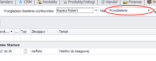 Na widoku znajduje się również lista rozwijana, która umożliwia szybkie filtrowanie po działaniach.