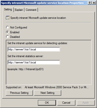 8. W okienku szczegółów kliknij dwukrotnie pozycję Specify intranet Microsoft update service location. 9. Kliknij pozycję Enabled. W polach adresów wprowadź adres serwera WSUS http://serwern.kisn.