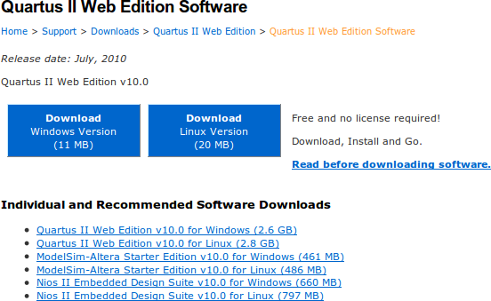 1. Instalacja aplikacji QUARTUS II Web Edition W pierwszej kolejności należy pobrać aplikację ze strony producenta wchodząc pod poniższy adres https://www.altera.com/download/dnl-index.