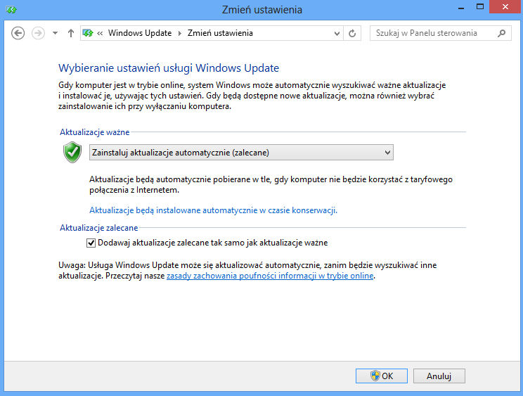 Rys. 2.1 - Widok rekomendowanych ustawień dla usługi Windows Update 3. Zapora systemu Windows Zapora (ang.