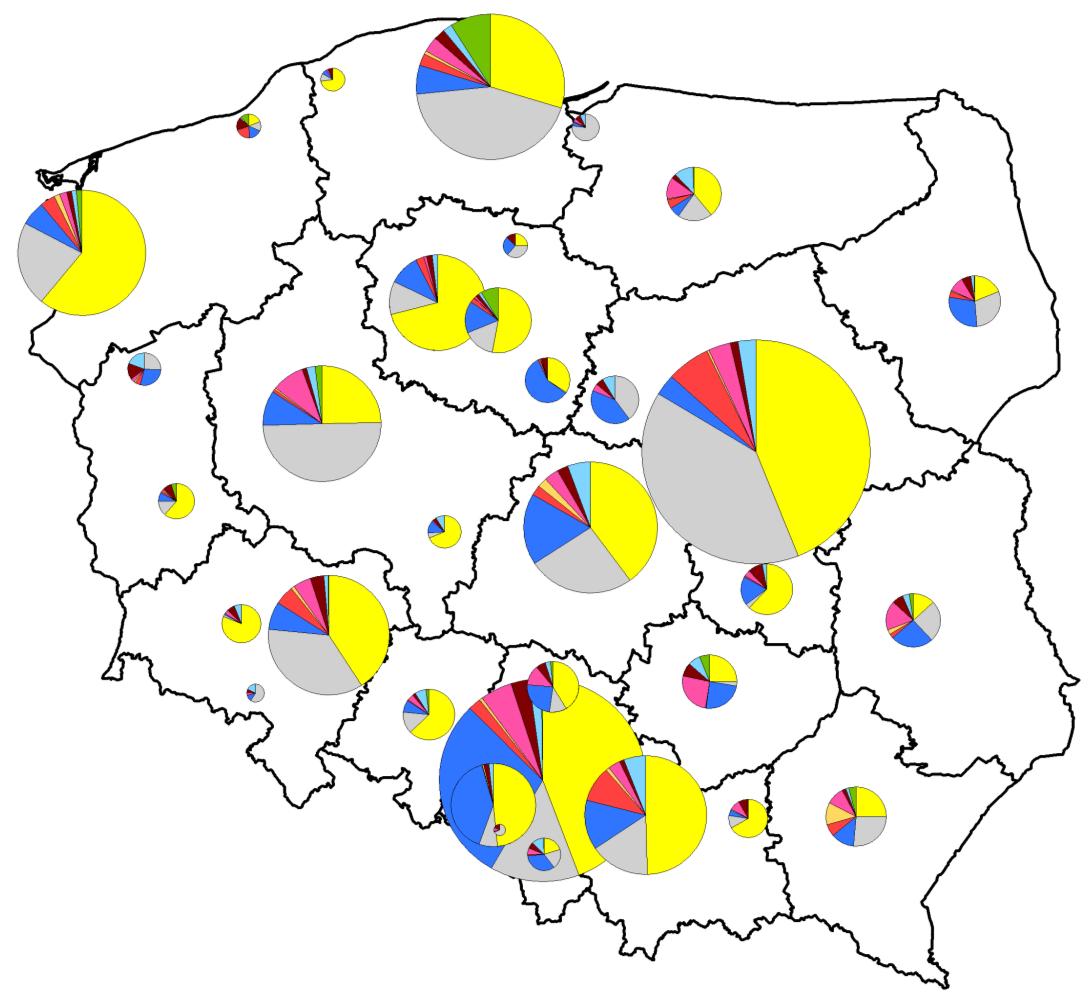 duży udział w nakładach inwestycyjnych również w ośrodkach wojewódzkich Polski wschodniej (poza Olsztynem) oraz w klasycznych company towns, czyli miastach silnie powiązanych z jednym dużym zakładem