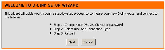 Aby uruchomić kreator konfiguracji połączenia ADSL, kliknij przycisk Setup Wizard. Pierwszy ekran opisuje kroki niezbędne do zakończenia konfiguracji z pomocą kreatora. Są to: 1.