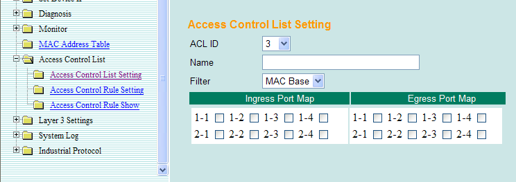 Moxa ACL Control List Ustawienia Access Control List w przeglądarce www Do 16