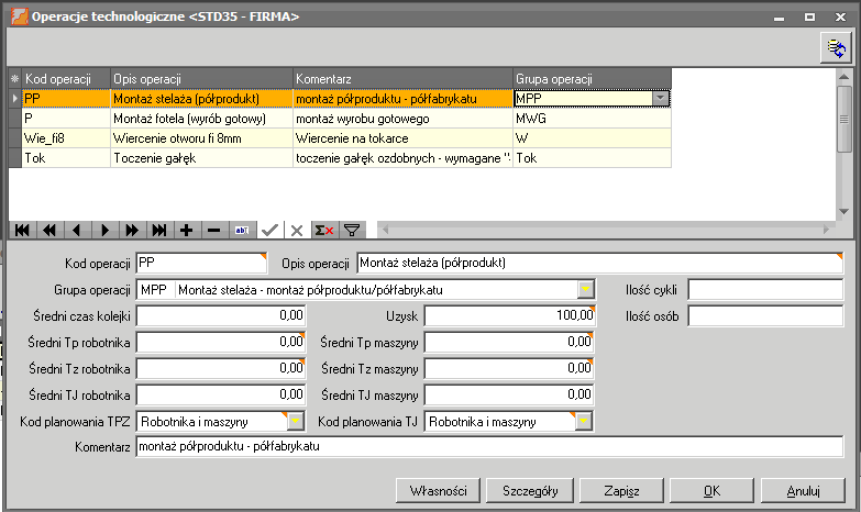 3. Operacje Każda operacja powinna zostać zakodowana i zdefiniowana w systemie Impuls Evo. Z menu głównego systemu Impuls Evo wybieramy: ZP->KP->Operacje technologiczne Np.