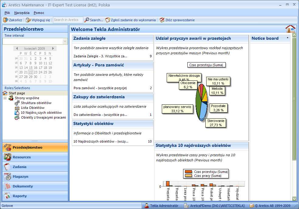 98 rozbudowany system harmonogramów prac okresowych (daty, liczniki maszyn, zdarzenia), obsługa magazynu artykułów i części zamiennych ze śledzeniem sald minimalnych i rezerwacją artykułów, moduł