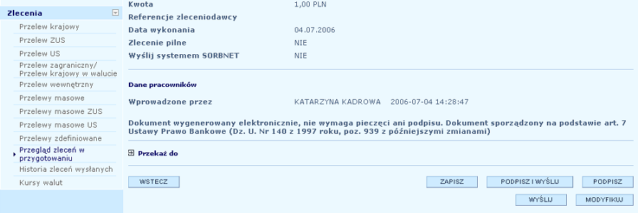 c. Autoryzacja i wysyłka przelewów Aby dokonać autoryzacji zlecenia masowego lub grupowego należy dysponować wcześniej wygenerowanym w serwisie inord Business aktywnym kluczem.