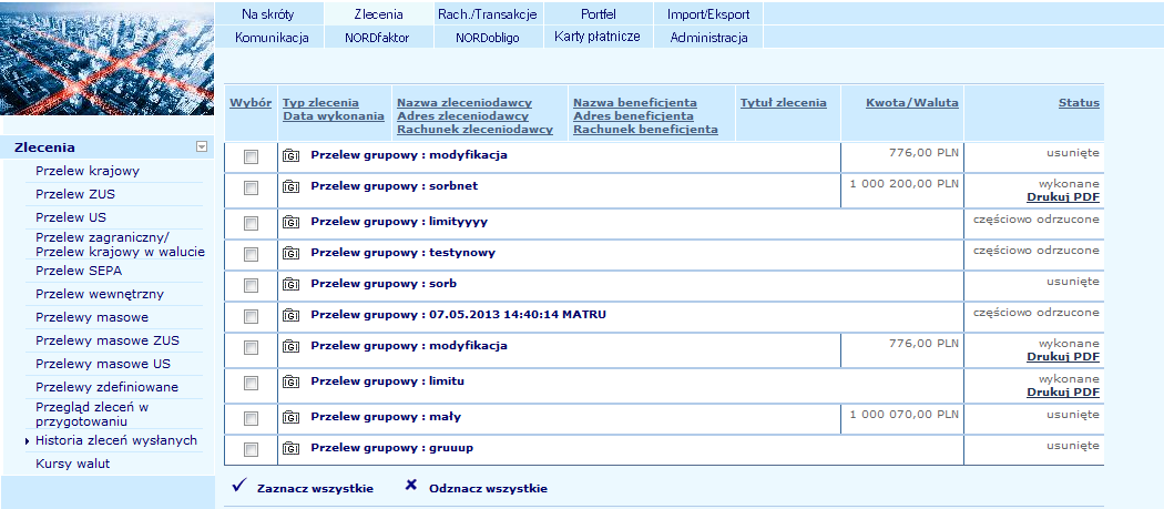 Po kliknięciu w ikonkę system zaprezentuje listę przelewów, które wchodzą w skład przelewu grupowego wraz z indywidualnymi statusami realizacji. 6.