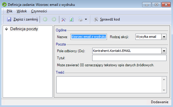 Aby stworzyć wzorzec wiadomości, należy otworzyć okno wydruku dokumentu (klikając w przycisk drukarki na formularzu dokumentu), wybrać w nim opcję Przygotuj wydruk dla Wyślij email PDF, a następnie