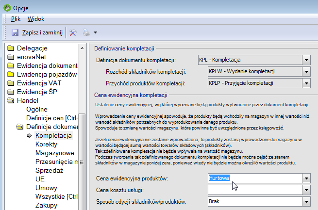 Ustalenie ceny ewidencyjnej produktów w Kompletacji Ceny wyliczane na podstawie rozchodu Jeżeli parametr Cena ewidencyjna produktu jest nieokreślony, wówczas koszt wytworzenia produktu będzie liczony