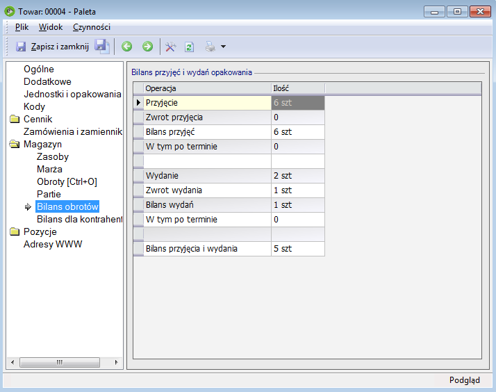 W karcie towaru będącego opakowaniem na zakładce Magazyn widoczne są dwie dodatkowe listy zawierające informacje dotyczące obrotu opakowaniem: Bilans obrotów zawiera informacje o saldzie ilościowym i