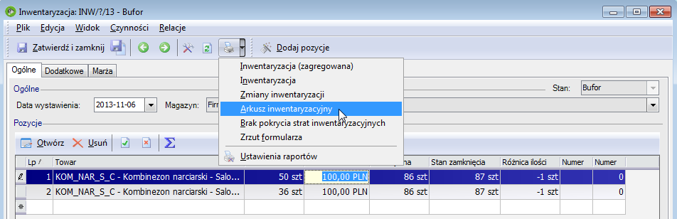 Wydruk arkusza spisowego z poziomu listy Towary i usługi Arkusz może być drukowany dla określonego magazynu, dla wszystkich lub tylko zaznaczonych towarów, z uwzględnieniem filtrów znajdujących się