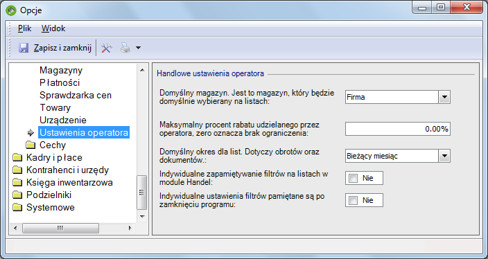 Zakładka Ustawienia operatora sekcji Handel okna konfiguracji Zakładka ustawienia operatora zawiera zestaw parametrów dla danego operatora: Domyślny magazyn wskazany w tym polu magazyn będzie