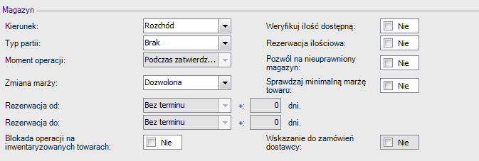 Ustawienia parametrów definicji dokumentu dla zamówienia algorytmicznego (zakładka Pozostałe): Sekcja Magazyn: Kierunek: Rozchód Typ partii: Zamówiony zasób Moment operacji: Podczas zatwierdzania