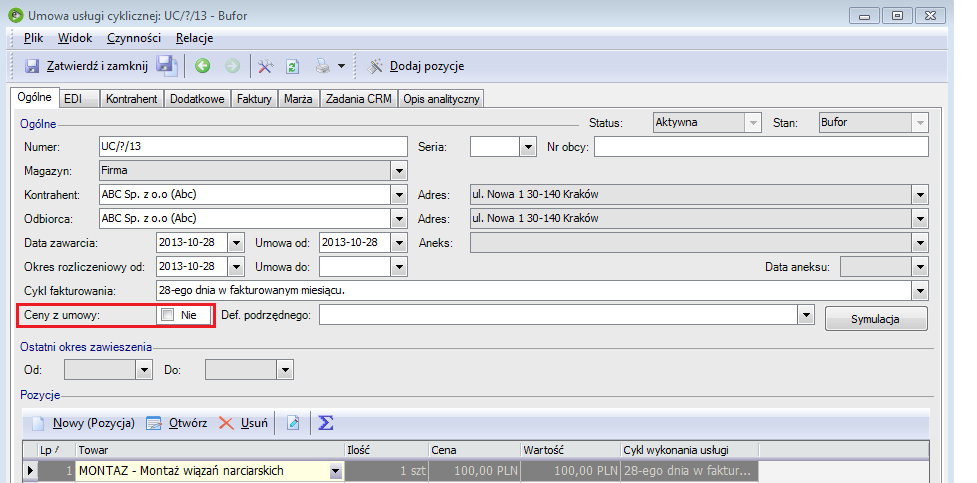 Do obsługi cen na umowach wykorzystano standardowe mechanizmy. Jeśli na umowie nie ma włączonej funkcji Cena z umowy to cena jest pobierana np. z kartoteki lub może być ceną indywidualną kontrahenta.