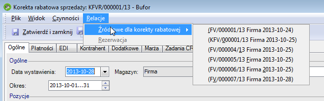 Formularz korekty rabatowej Wygenerowana korekta rabatowa jest związana relacjami z dokumentami sprzedaży, które zostały uwzględnione w wyliczeniu rabatu.