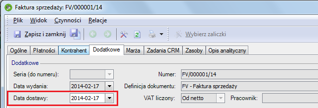 Parametr definicji dokumentu Edycja daty dostawy Ma to zastosowanie np. w sytuacji, gdy wystawiamy fakturę sprzedaży, wysyłamy towar, ale nie wiemy dokładnie, którego dnia zostanie dostarczony.