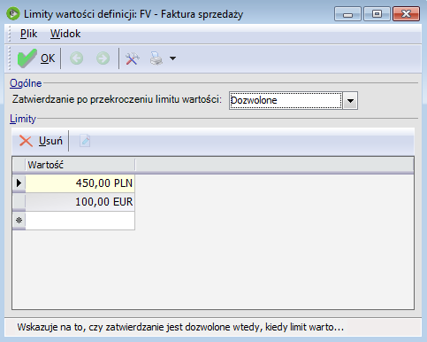 Określanie limitu wartości w definicji dokumentu W oknie limitów można określić osobne wartości w każdej z walut zdefiniowanych w systemie oraz wybrać odpowiednią opcję parametru Zatwierdzanie po