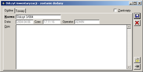 Arkusz inwentaryzacyjny, zakładka: Odczyty Na zakładce znajduje się lista odczytów. Po jej wybraniu naleŝy nacisnąć przycisk: [Dodaj]. Rys. 2.104 Arkusz inwentaryzacyjny, zakładka: Odczyty. Rys. 2.105 Odczyt inwentaryzacji, zakładka: Ogólne.