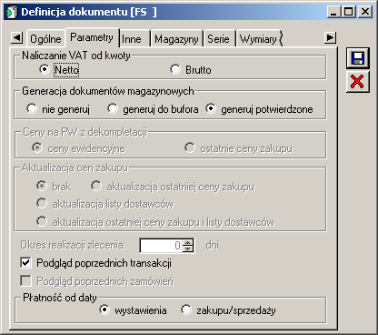 Rys. 2.127 Definicja dokumentu FS, z zaznaczonym parametrem: Podgląd poprzednich transakcji.
