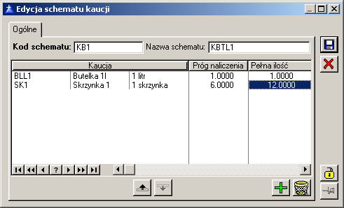 2.11.15.1 Schematy kaucji Lista schematów kaucji zawiera schematy, które będą następnie przypisywane do towaru. W oknie następuje definiowanie nowych schematów oraz modyfikacja istniejących.