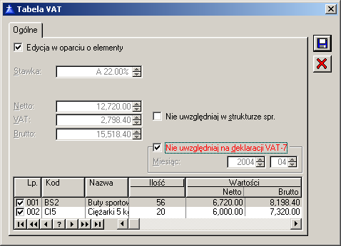 Rys. 2.158 Faktura sprzedaŝy, zakładka: VAT. UWAGA: Wszystkie parametry związane z rejestrem VAT są przepisywane zgodnie z ich ustawieniem w konfiguracji dla wybranego rejestru VAT.