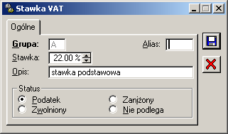 2.2.2 Konfiguracja, zakładka: SprzedaŜ/ Stawki VAT W systemie predefiniowano 5 stawek VAT. MoŜna je edytować oraz dodawać nowe.