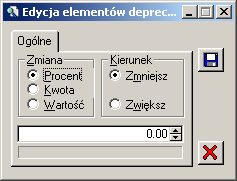 Rys. 2.174 Deprecjacja, zakładka: Ogólne. Rys. 2.175 Parametry wyliczenia ceny po deprecjacji. Zmiana: Procent: cena po deprecjacji zostanie zmieniona o procent ceny wyjściowej.
