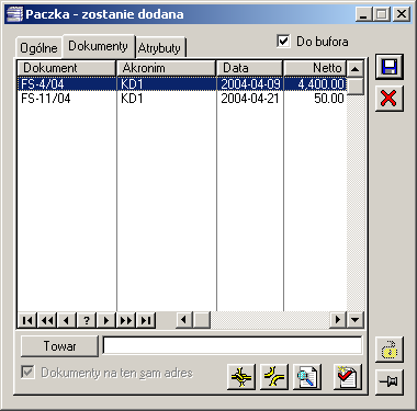 Na zakładce znajdują się parametry i przyciski: Rys. 2.184 Paczka, zakładka: Dokumenty.
