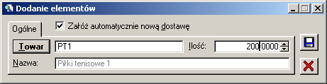 Rys. 2.196 Dodanie elementów. W oknie naleŝy wybrać towar, jaki zostanie przyjęty do magazynu oraz określić jego ilość.
