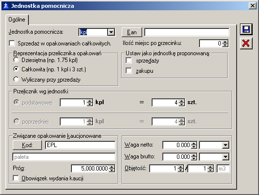 Waga brutto, Waga netto: waga w wybranej jednostce (g, dag, Kg, t). Objętość: edytowana jako ułamek m³.