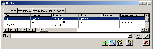 Rys. 2.82 Lista banków. W oknie, lista banków uporządkowana jest wg kodu, miasta (siedziby banku) i numeru kierunkowego banku. Podziałowi temu odpowiada układ zakładek.