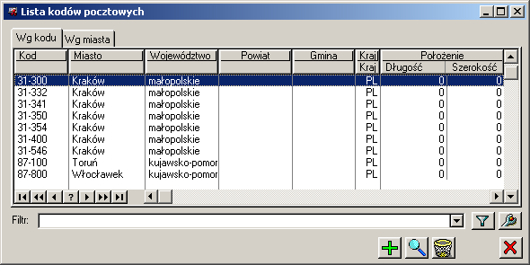 2.5.4 Kody pocztowe Rys. 2.90 SWW/PKWiU. Okno: Lista kodów pocztowych, słuŝy ewidencji kodów pocztowych uŝywanych w systemie.