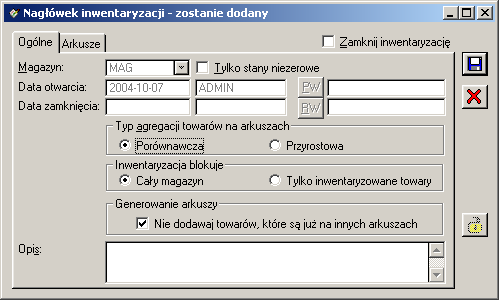 Data zamknięcia data zamknięcia inwentaryzacji wprowadzana po zaznaczeniu parametru: Zamknij inwentaryzację.