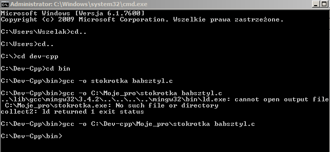 Jeśli plikiem wykonalnym będzie stokrotka.exe, a kompilowanym babsztyl.c, to komenda wydana kompilatorowi jest następująca: gcc o stokrotka babsztyl.