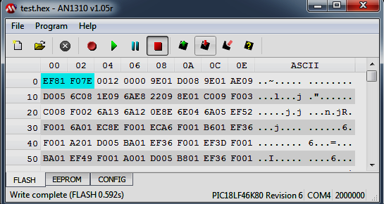 Mając aktywny Bootloader i ustanowione połączenie z komputerem mozliwe jest zaprogramowanie układu BµC8. Odbywa się to przez zapisanie w pamięci Flash mikrokontrolera PIC18F46K80 utworzonego firmware.