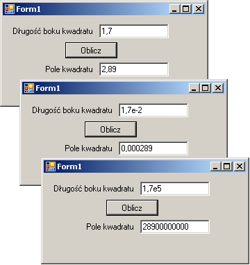 ROZDZIAŁ 1 Niech obiekty na formularzu mają własności wg tabeli poniŝej Obiekt Właściwość Wartość właściwości Label1 Text Długość boku kwadratu Button Name btnoblicz Text Oblicz Label2 Text Pole