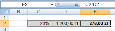 Rozdział II. Obliczenia Przykład pokazany na rysunku obok przedstawia formułę obliczającą 23 procent z kwoty 1200 zł wynoszący 276 zł.