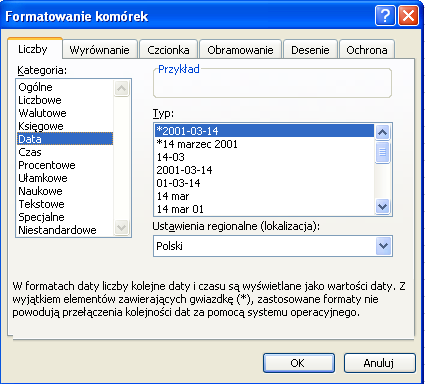 Strona 26 z 46 RYSUNEK 10 OKNO FORMATOWANIE KOMÓREK FORMAT DATY W celu zamiany liczby w komórce na walutę musimy wybrać na omawianej zakładce kategorię Walutowe.